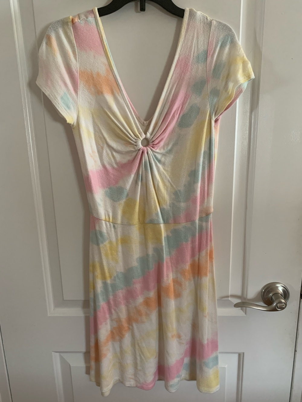 love, Fire Pastel Tie-Dye Knot-Front Mini Dress in Pink, Yellow & Blue
